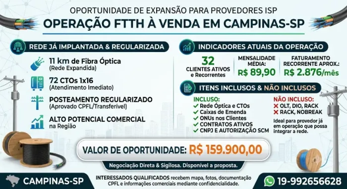 Rede FTTH à venda em Campinas-SP | 11 km fibra | 72 CTOs