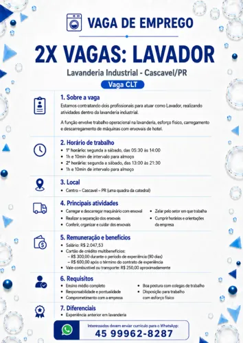 VAGA DE EMPREGO: LAVADOR 