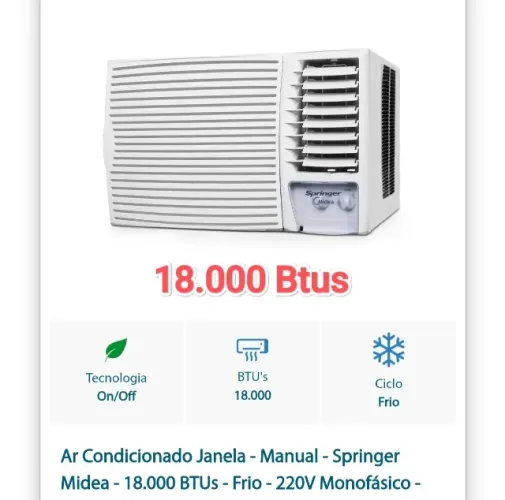 Ar Janela Springer Midea 18.000 BTUs + 220V + Nota + 1 Ano Garantia+ Cartão até 12x