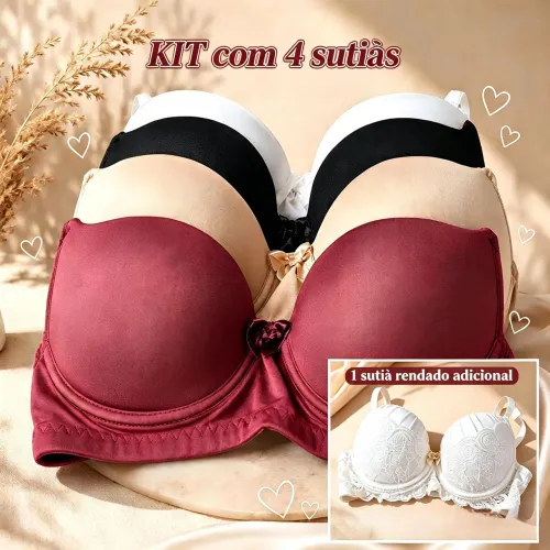 Kit 4 Sutiãs Básicos + 1 Brinde Tamanho M (40/42) - 4 cores lisas 1 Renda Branco