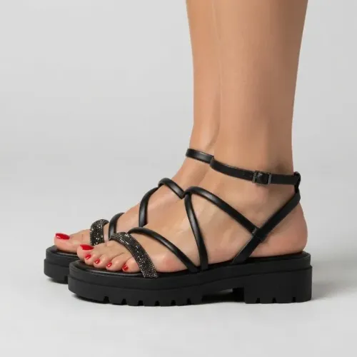 Sandália Feminina Plataforma Ramarim Tratorada Preta com Brilho | Conforto Estilo