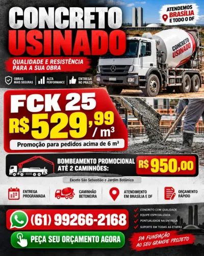 Concreto Usinado FCK 25 R$ 529,99/m³ | Promoção DF