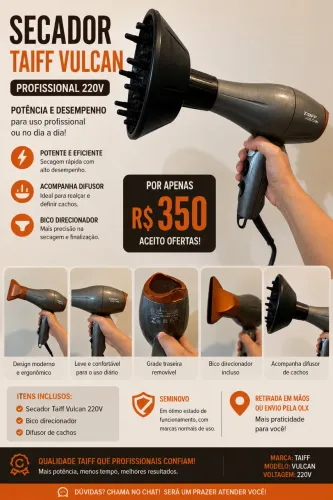 Secador Taiff Vulcan Profissional + Difusor de Cachos | 220V | Seminovo