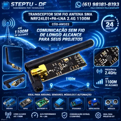 Transceptor Sem Fio Antena Sma Nrf24l01+pa+lna 2.4g 1100m Arduino Automação COD-AM322 