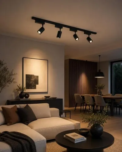 Kit trilho eletrificado 2m preto + 6 spots de led 10w luz branco quente para casa ou loja