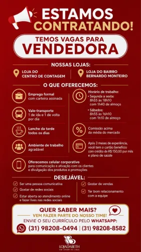 Vendedora loja em contagem seg a sábado presencial 