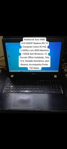 Notebook Acer AMD A10 com 8GB Memória 120GB Ssd 