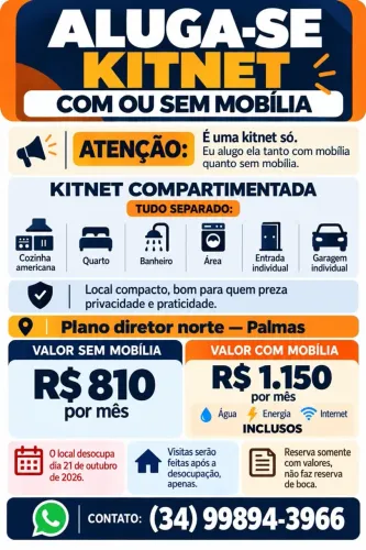 ALUGA-SE KITNET EM PALMAS - TO