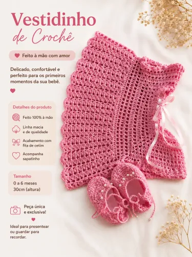 Kit vestido + sapato crochê bebê 0 a 6m