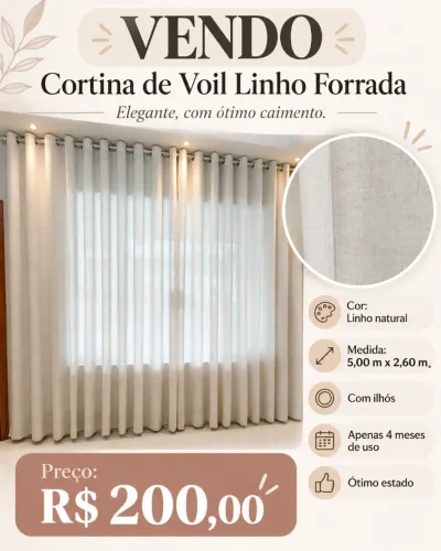 Cortina de Voil Linho Forrada - 5,00 x 2,60 m