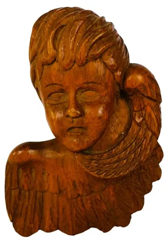 ARTE POPULAR Mineira - Escultura parede esculpido em madeira clara representando Querubim 