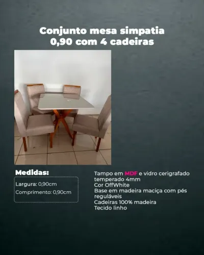 Mesa 4 cadeiras simpatia 0,90 100% madeira 