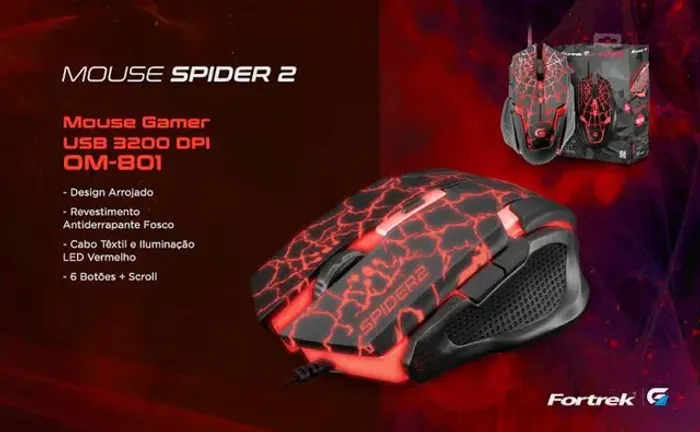 Mouse Gamer USB 3200DPI Spider 2, Fortrek, Mouses, Preta/Vermelho