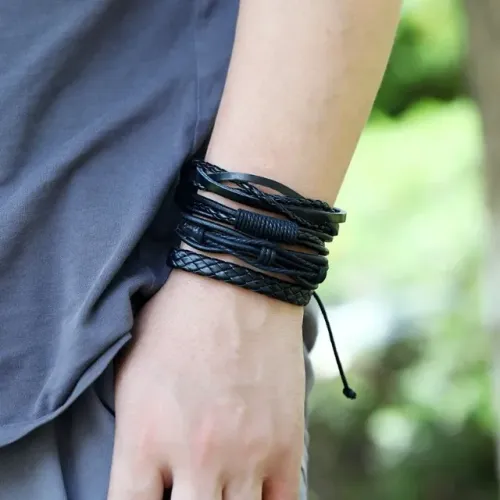 Pulseiras de couro feitas à mão para homens e mulheres, bracelete preto