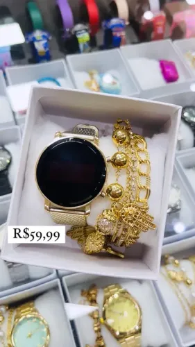 Relógio Feminino Dourado Led Cor Ouro + Pulseira