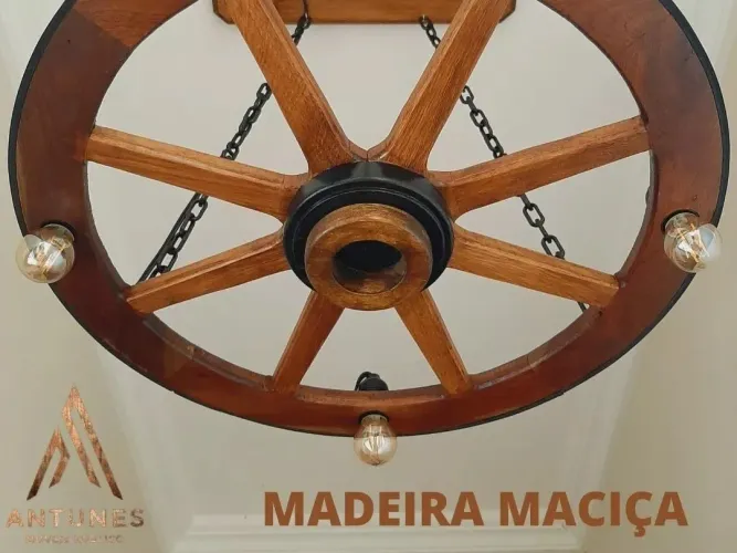 Lustre Rústico Roda De Carroça 60cm Retro P/3 Lâmpadas<br>