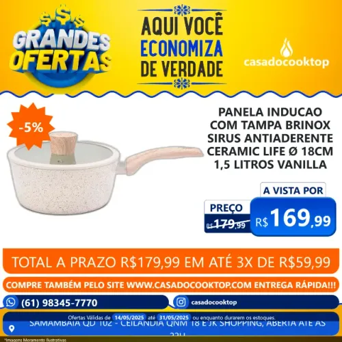 Panela Inducao Com Tampa Brinox Sirus Antiaderente Ceramic Life Ø 18cm 1,5 Litros Vanilla 