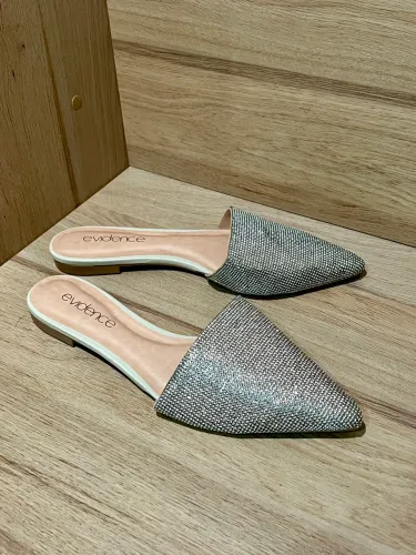 37/38 Sandália - Mule - Rasteira Prata com Pedrarias