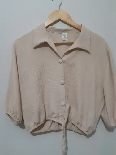 Blusa Cropped Manga 3/4 Bege