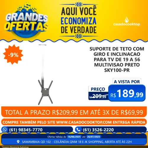 SUPORTE DE TETO COM GIRO E INCLINACAO PARA TV DE 19" A 56" MULTIVISAO PRETO SKY100-PR