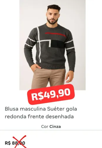 Suéter masculino gola redonda cinza M