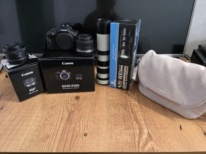 Kit: Canon EOS R100 + lente rf 50mm f1.8 + lente rf 420-800mm + bolsa