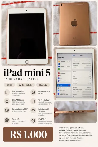 iPad mini 5ª geração - 64 GB - Wi-Fi + Cellular - Dourado