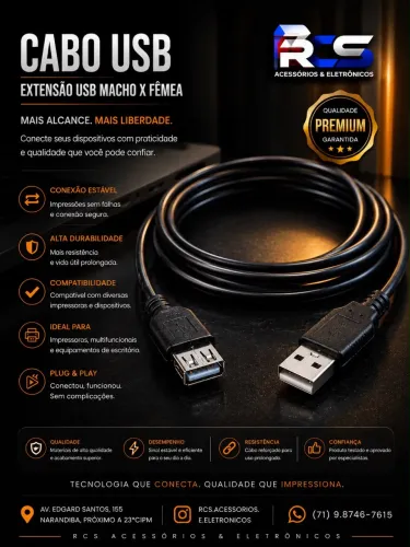 Cabo Extensor USB com Entrada Fêmea e Saída Macho USB