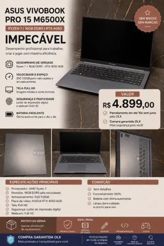 Asus Vivobook Pro 15 M6500X - Ryzen 7 16GB DDR5 RTX 4050 Impecável