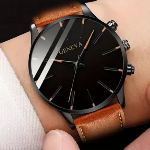 Relógio Masculino Geneva Quartzo Correia de Material Sintético PU Elegante Luxo MARROM