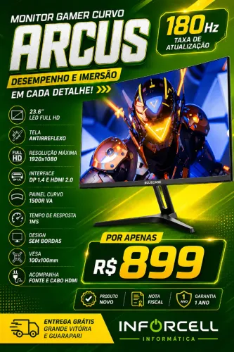 Monitor Gamer Curvo 24 Arcus 180Hz Hdmi e Dp 1ms Garantia 1 ano