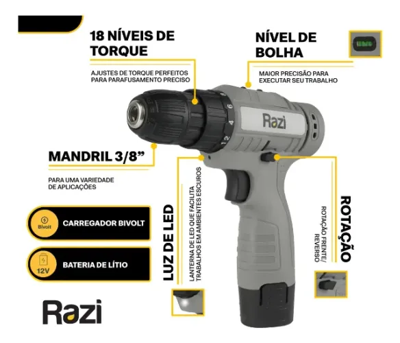 Furadeira Parafusadeira Bateria 12v Razi Bivolt
