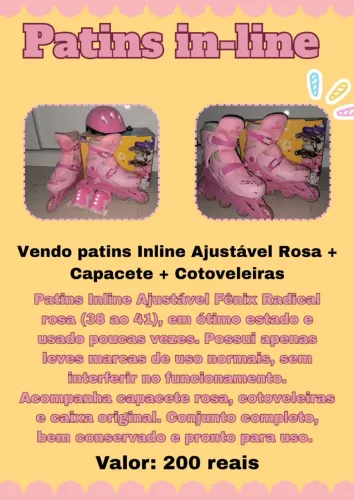 Patins in-line ajustavel rosa semi novo