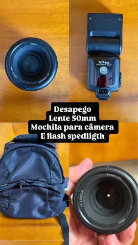Lente Nikon 50 mm, mochila e flash