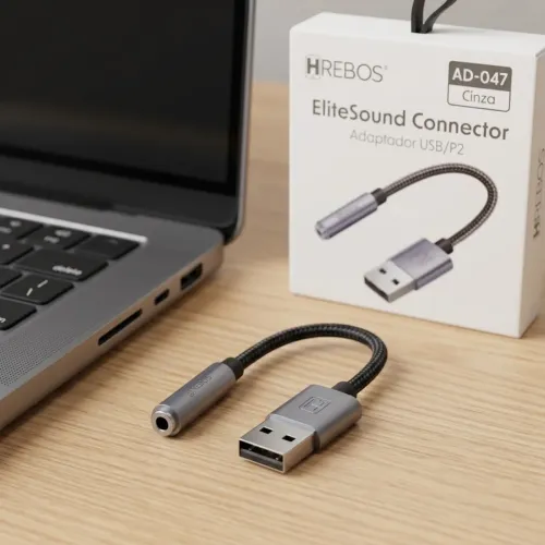 Adaptador De Áudio USB Para P2 Auxiliar Hrebos AD-047 EliteSound Cinza