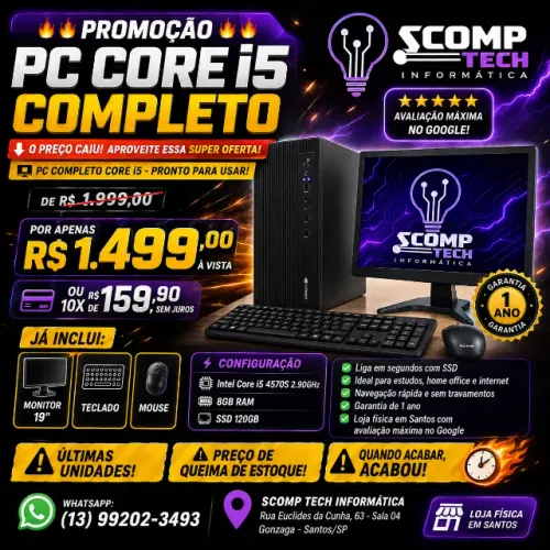 PC Completo Intel Core i5 SSD 120GB 8GB RAM + Monitor | Pronto para Usar