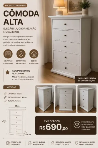 CÔMODA ALTA COM 5 GAVETAS - ELEGÂNCIA E ORGANIZAÇÃO