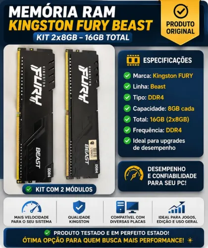 Vendo kit com 2 memórias Kingston FURY Beast, sendo 8GB cada, totalizando 16GB.