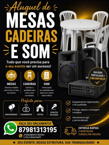 ALUGUEL DE MESAS, CADEIRAS E SOM EM GARANHUNS E REGIÃO