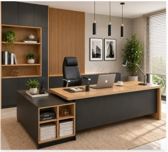 Mesa Executive Officer Delluxe Black Wood. Com Cx. De Tomadas: L240cm x P160cm x A74cm