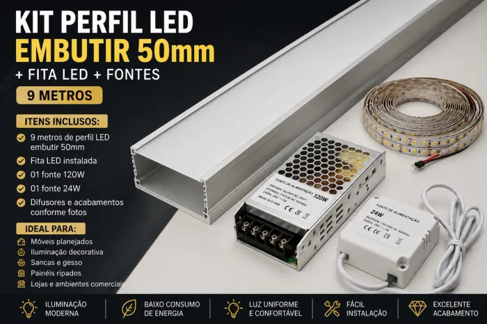 Kit Perfil LED Embutir 50mm + Fita LED + Fontes | 9 Metros