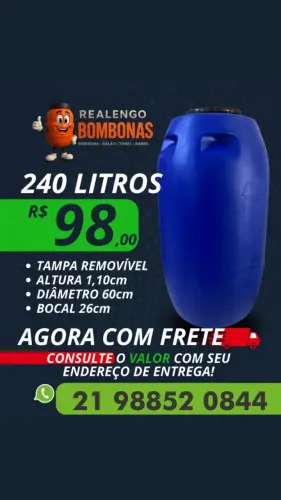 Bombona 240 L pra Água Gelo Obra Tina Óleo Suco Obra Bombonas,Galão,Tonel,Tambor,Barril