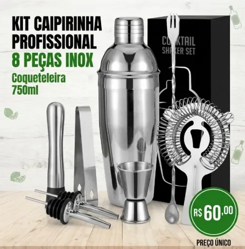 Kit Caipirinha Profissional 8 Peças Inox Coqueteleira 750ml