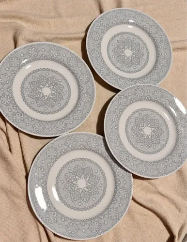 Jogo De Pratos 4 Raso + 4 Sobremesa Porcelana OxfordMandala Cinza