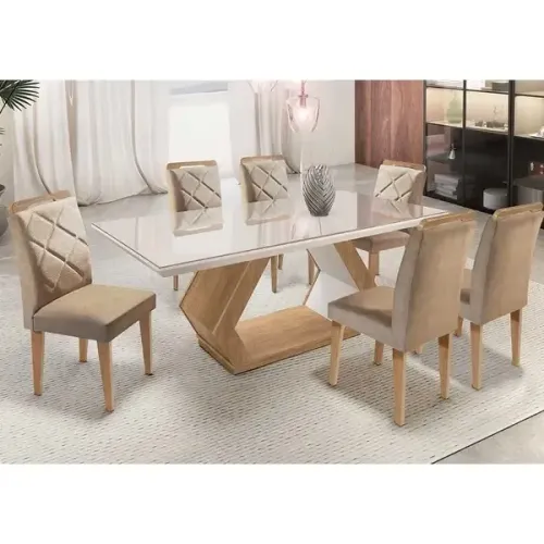 Mesa Alvorada 180 Tp Mdf Vidro canto Reto 6 Cadeiras Rufato 