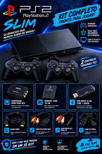 ? PS2 Slim Completo + Acessórios + 7 Jogos