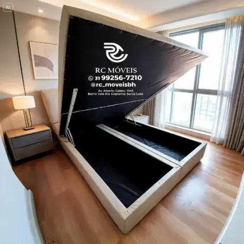 Cama Box Baú Casal 1,38x1,88 Bipartido Pistão a Gás Suede Bege Durável