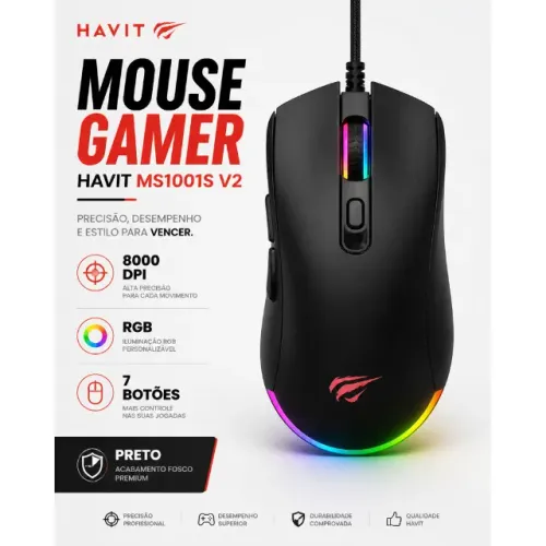 Mouse Gamer Havit Hv Ms1001S V2, RGB, 8000 Dpi, 7 Botões , Novo, Lacrado