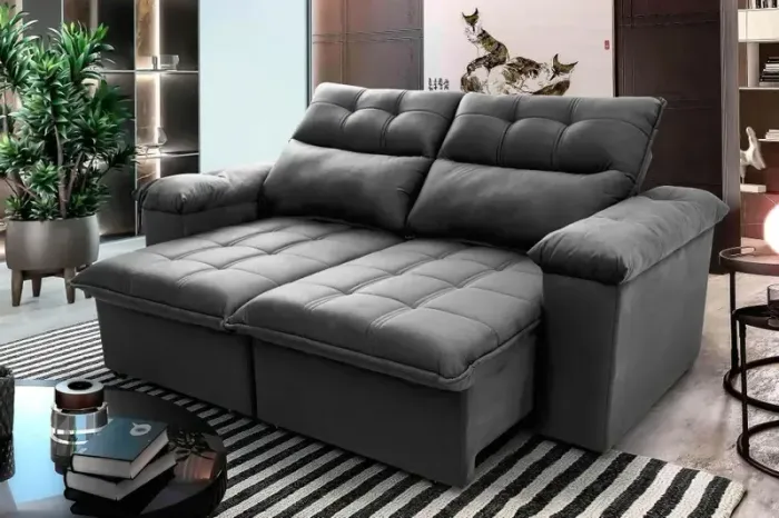 Sofá Retrátil Suede Cinza