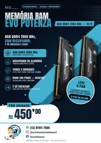 Memória RAM 8GB DDR4 2666MHz GeIL EVO Potenza CL19 - Desktop